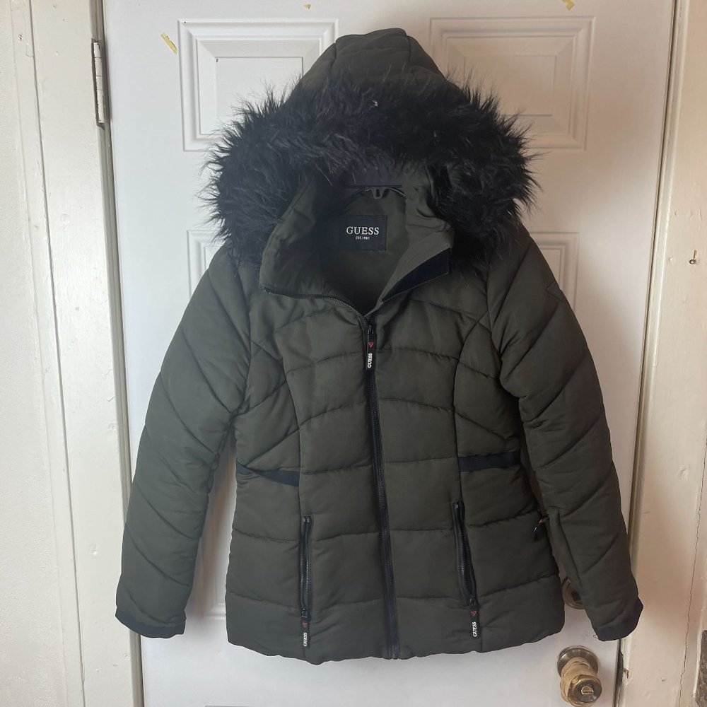 Guess Winter Coat Jacket Puffer Parka Faux Fur Hood Womens Size Medium